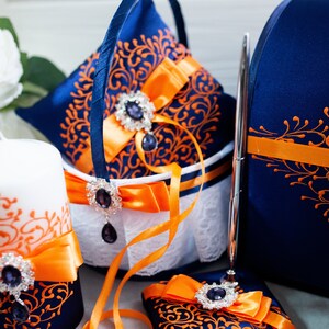 Flower girl basket and pillow ring bearer Navy blue and orange weddings Ring bearer pillow and basket flower girl Navy blue weddings