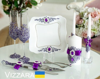 Plates for weddings White and purple weddings Personalized Cake cutting set White and purple wedding Plates for wedding White weddings