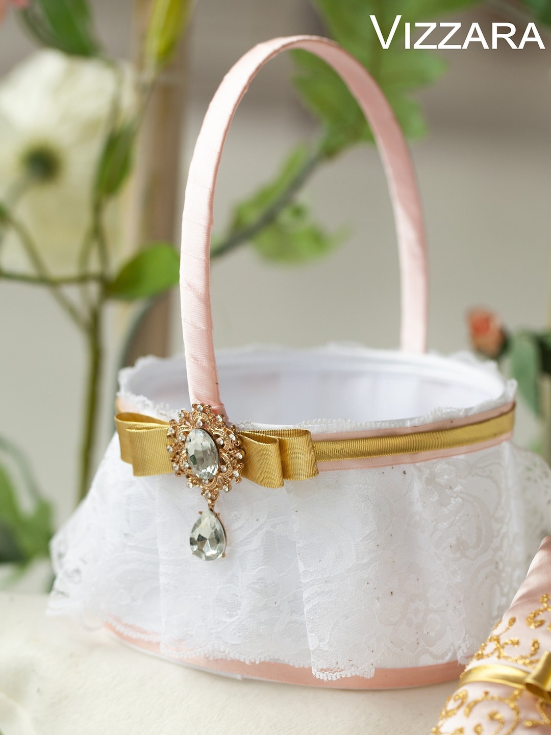 Flower Girl Basket Pink Blush and Gold Weddings Basket Flower Girl Pink