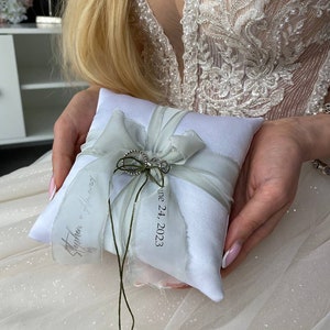 Ring bearer pillow White and Sage green wedding, Personalized, Wedding pillow White wedding, Ring bearer Sage green wedding, Gift for couple image 7