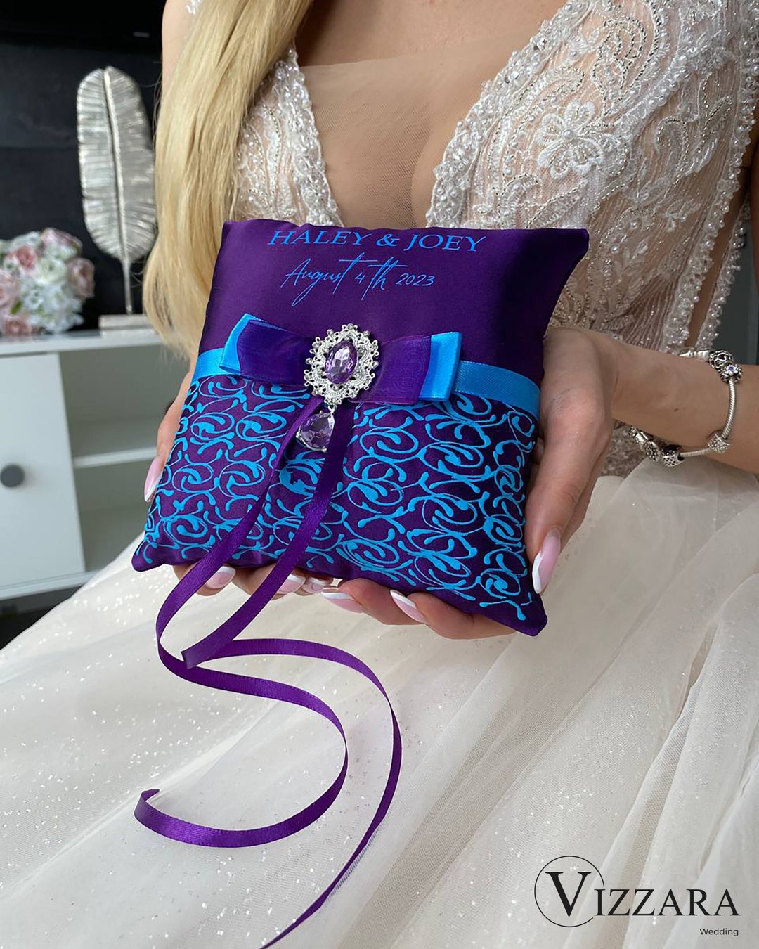 Ring Bearer Pillow Purple and Turquoise Wedding, Personalized, Ring ...