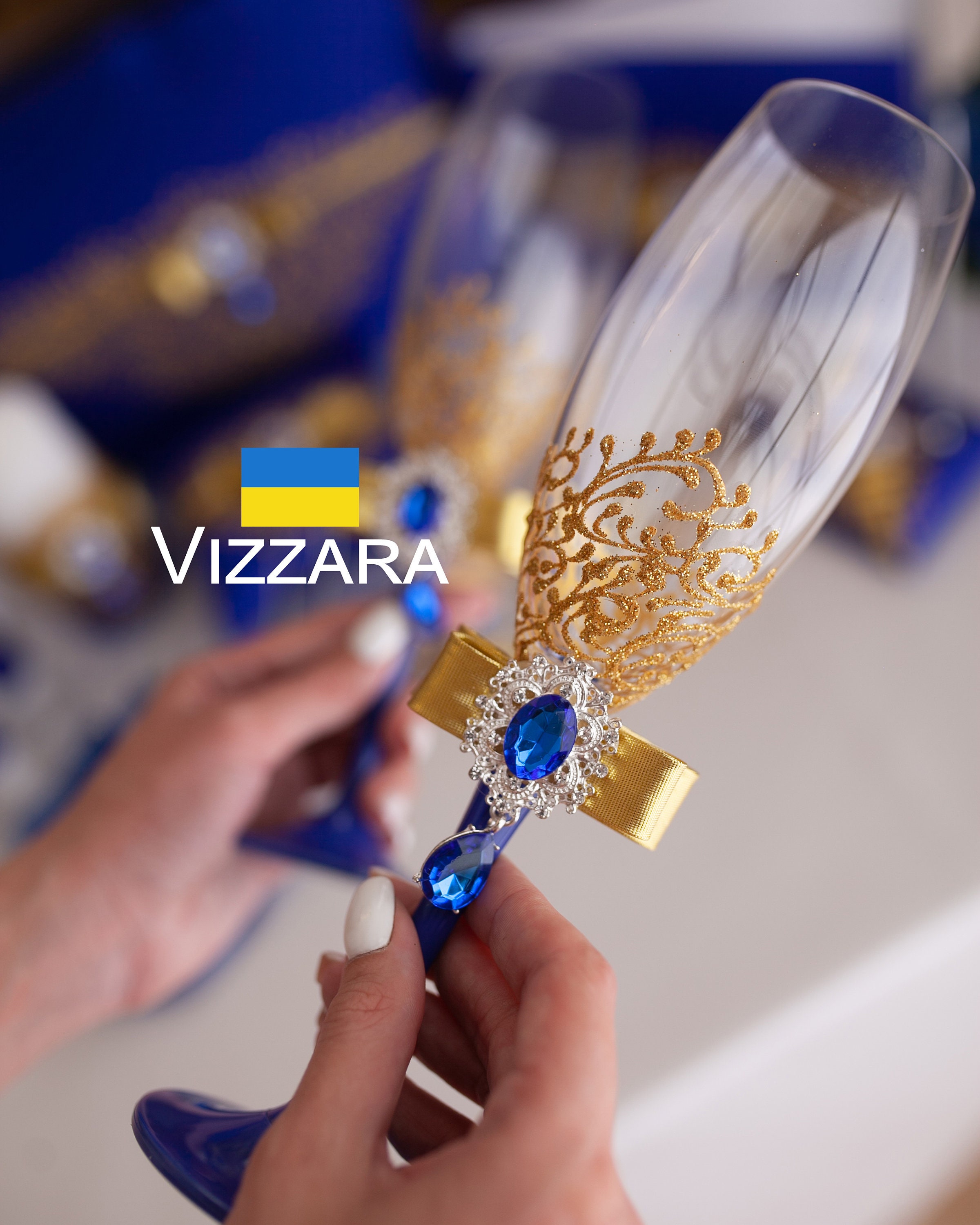 Buy Champagne Glasses Set of 2 Royal Blue and Gold Wedding
