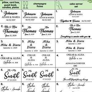 Op de afbeelding: Een grafiek met personalisatieopties voor huwelijksgeschenken. De opties omvatten champagnefluiten, taartserviessets en kussen, kaartenboxen, gastenboeken, kaarsen en borden. Elke optie heeft een genummerde lijst met namen en data.