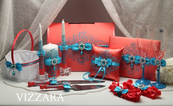 Set Coral Turquoise Hand Painted Coral And Turquoise Wedding Etsy