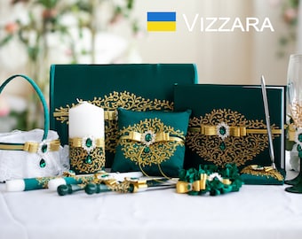 Wedding Set Green and gold, Personalized, Card box Green Emerald wedding, Guest book Green, Champagne glasses, Flowers girl basket Emerald