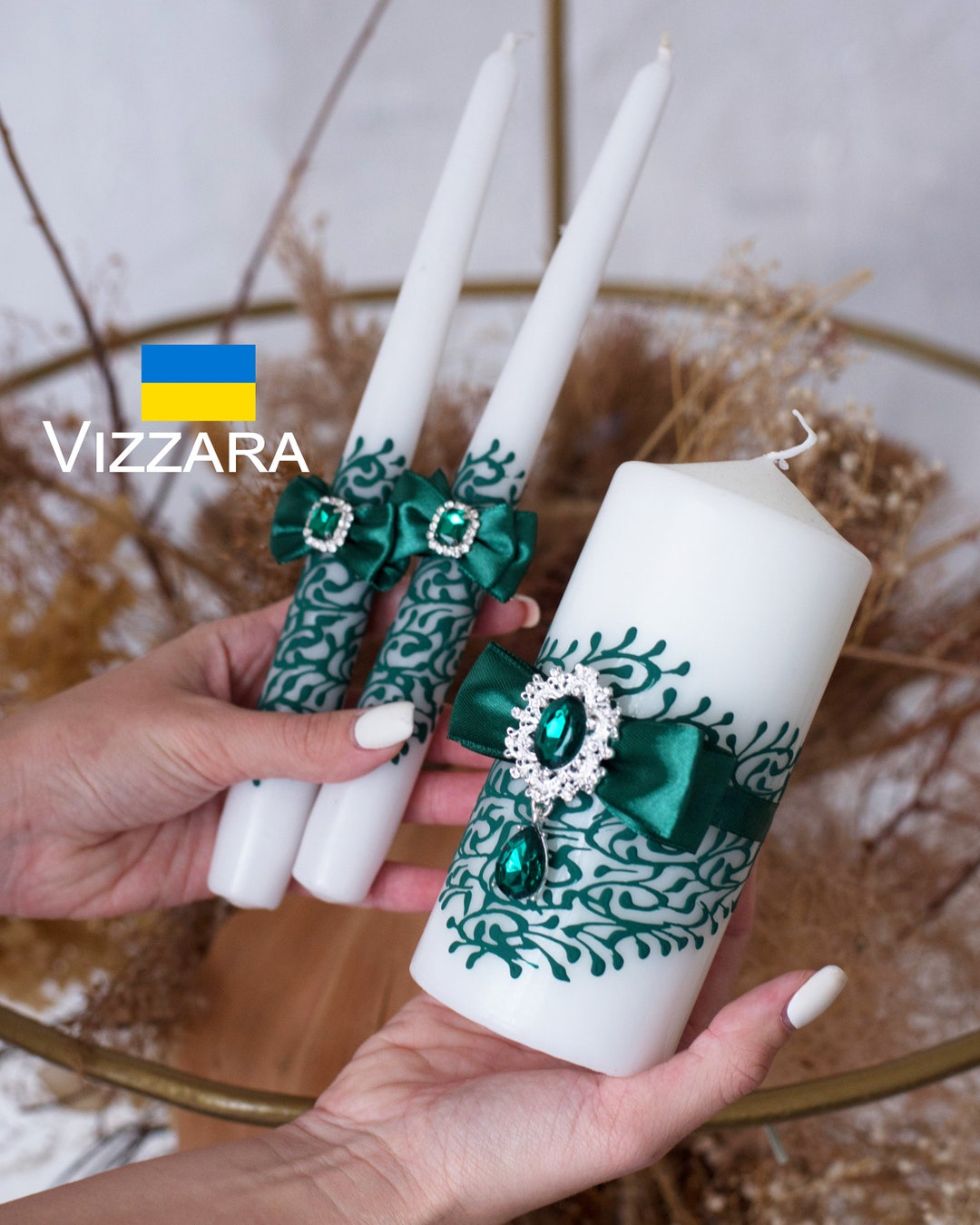 Unity Candles Set of 3 White and Emerald Green Wedding Personalized ...