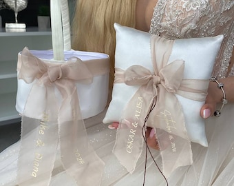 Ring bearer pillow and Flower girl basket White and beige wedding, Personalized, Wedding pillow and Wedding basket White and Beige wedding