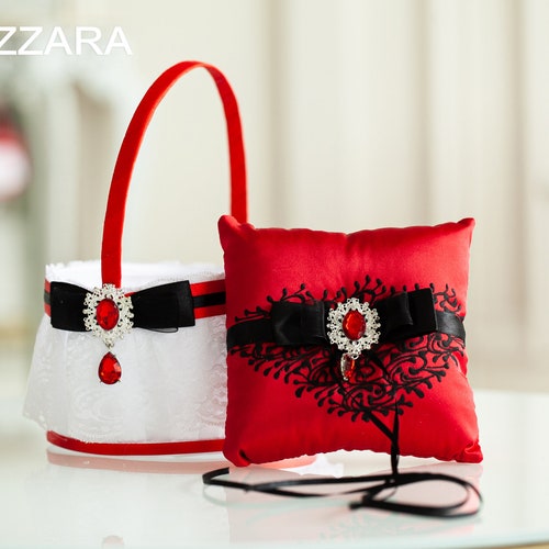 Flowers Girls Baskets and Pillow Ring Bearer Black and Red Etsy