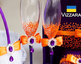 Champagne flutes wedding Set of 2 Purple and orange weddings Glasses champagne Purple and orange weddings Flutes for weddings Purple wedding