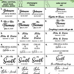 May include: A chart with personalization options for wedding gifts. The options include champagne flutes, cake server sets, and pillow, card box, guest book, candles, and plates. Each option has a numbered list of names and dates.