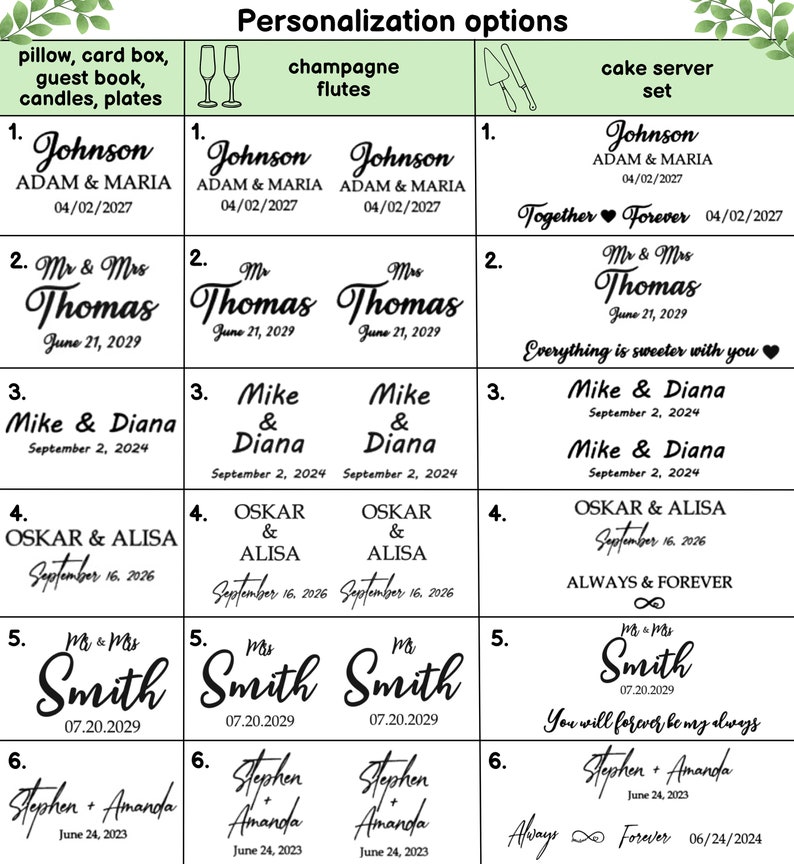 May include: A chart with personalization options for wedding gifts. The options include champagne flutes, cake server sets, and pillow, card box, guest book, candles, and plates. Each option has a numbered list of names and dates.