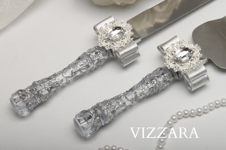 Cake Server Set Silver Wedding Cake Server And Knife Set White Etsy