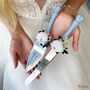 Cake server set Dusty blue wedding, Personalized wedding, Wedding cake cutter Blue wedding, Gift for couple, Cake cutting set Blue wedding