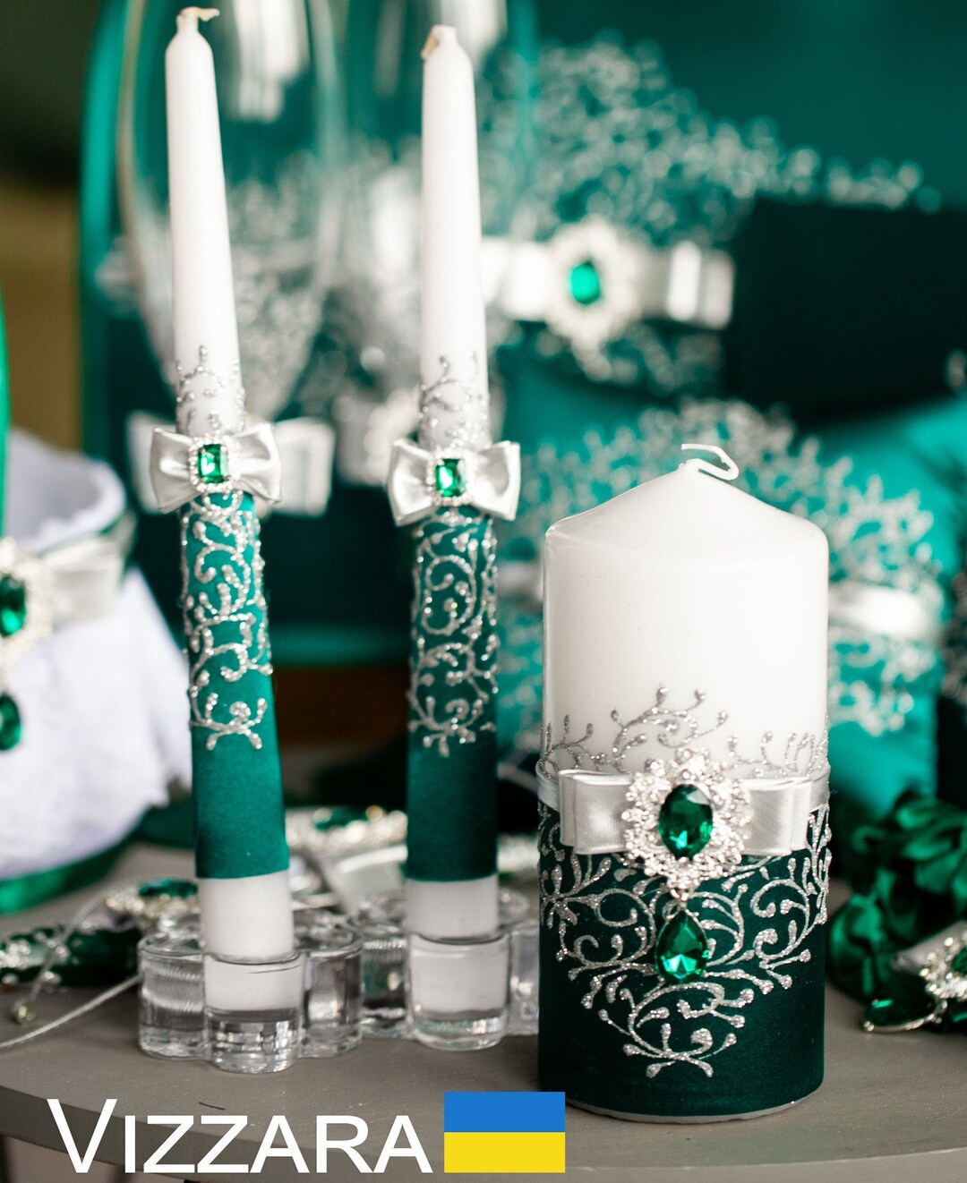 Unity Candles Set of 3 Green and Silver Weddings Candles Unity Green ...