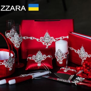 Red weddings set Guest books weddings Red wedding Ring bearer pillow Red color wedding Basket flower girl Champagne glasses