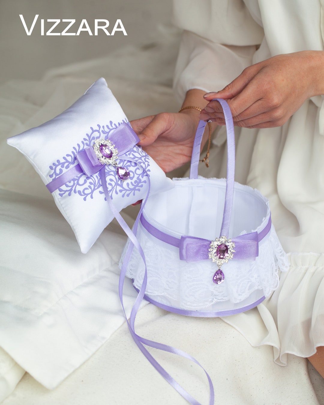 Flower Girl Basket and Ring Bearer Set, Lavender Flower Girl Basket, Flower Girl Basket Flower