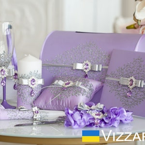 Boda de lavanda y plata, conjunto de bodas, libro de invitados Boda de lavanda, caja de tarjetas, almohada para el portador del anillo, copas de champán, cesta de niña de las flores