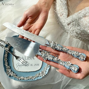Cake server set Dusty blue wedding, Cake cutting set Blue wedding, Personalized, Wedding cake cutter Dusty blue wedding, Gift for couple