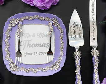 Taartserver en trouwbord Set van 5 stuks Lavendel bruiloft, Taart snijset en Taartplaat Lavendel bruiloft, Gepersonaliseerd, Cadeau voor koppel