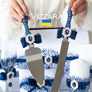 Servidor de pastel Boda blanca y azul marino, Personalizado, Cortador de pastel Boda blanca, Servidor de pastel de boda Boda azul marino, Cuchillo de pastel de boda