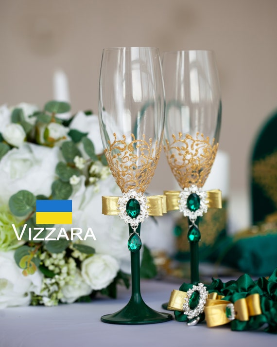 Champagne Flutes Set of 2 Emerald Green and Gold Wedding