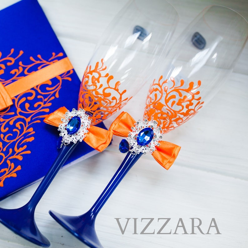 Wedding Toasting Flutes Royal Blue Wedding Customized Champagne Flutes Royal Blue And Orange Wedding Wedding Champagne Glasses Personalized