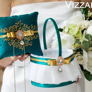Flower girl basket and Ring bearer pillow Teal and gold wedding Personalized Flower girl basket and Pillow ring bearer Teal and gold wedding