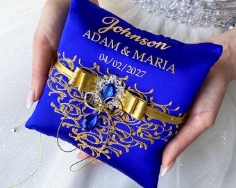 Almohada de anillo Boda azul real y oro, Almohada personalizada, Portador de anillo Boda azul real y oro, Propuesta de portador de anillo Boda azul