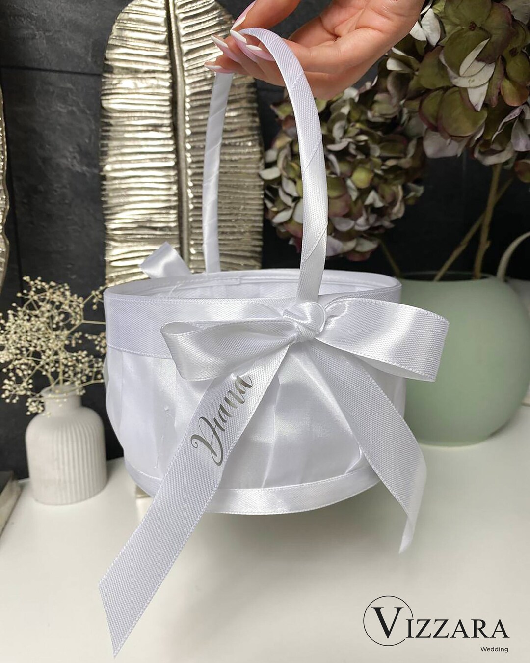 Blumenmädchen-Korb Aus Satin – Elfenbein, Mit Perlen Und Strass, Perfekt Für Hochzeiten