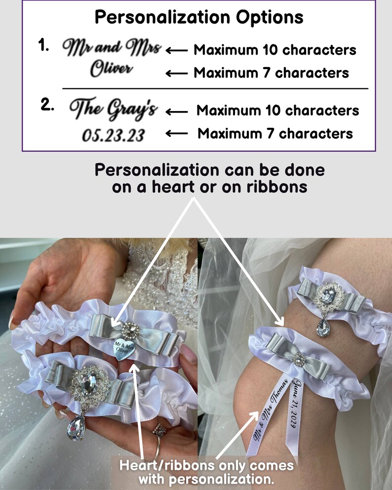 Garter Set of 2 White and silver wedding, Personalized, Garter for bride White and silver wedding, Wedding garter White, Gift for bride image 2