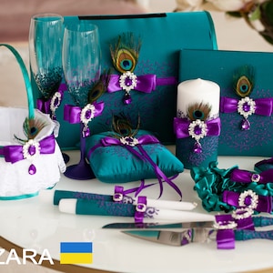 Mariage sarcelle et violet, Peacock Set mariage, Personnalisé, Livre d'or de mariage, Boîte à cartes pour mariage, Verres à champagne