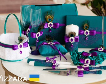 Teal and purple wedding, Peacock Set wedding, Personalized, Wedding guest book, Card box for wedding, Champagne glasses, Unity candles Teal