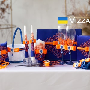 Königsblau und orange Hochzeit, Hochzeitsset Königsblau und orange Hochzeit, Blumenmädchenkorb Königsblaue Hochzeit, Hochzeitsbrille Blaue