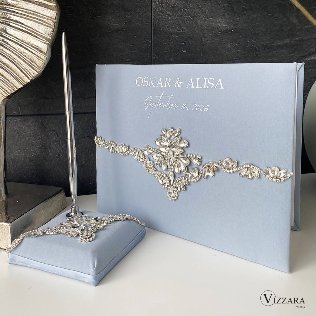 JC Classics Wedding Guest Book Set With Pen Holder - Purple Satin & Rhinestone Design