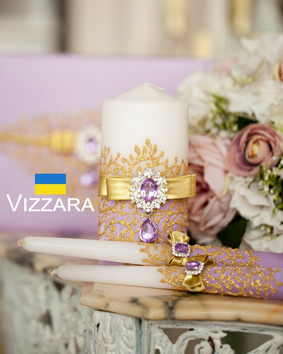 Unity Candles Set of 3 Lavender and Gold Wedding Personalized Etsy