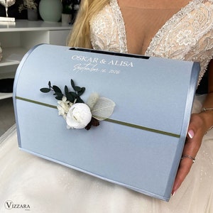 Scatola per biglietti di nozze Matrimonio blu polvere, Personalizzato, Scatola per biglietti di nozze Matrimonio blu polvere con verde, Salvadanaio Matrimonio in giardino, Scatola per matrimoni