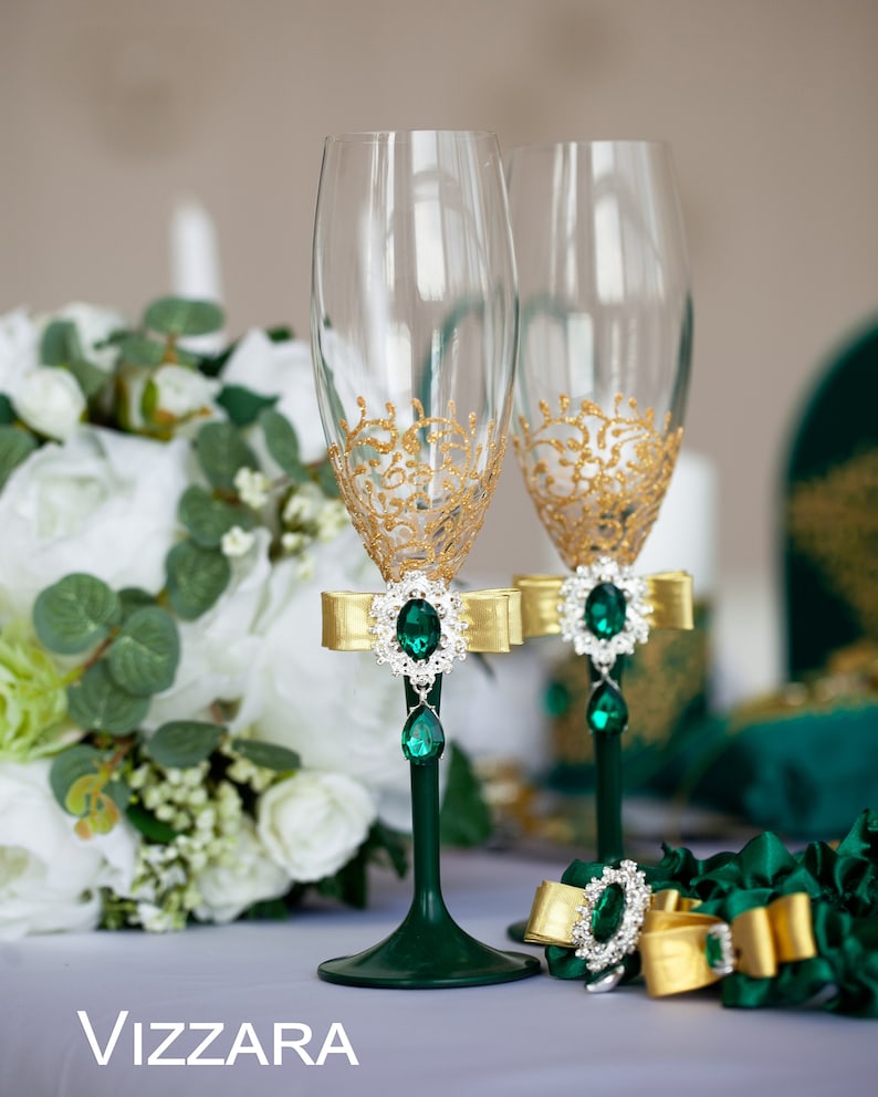 Champagne flutes Set of 2 Emerald green and gold wedding Etsy