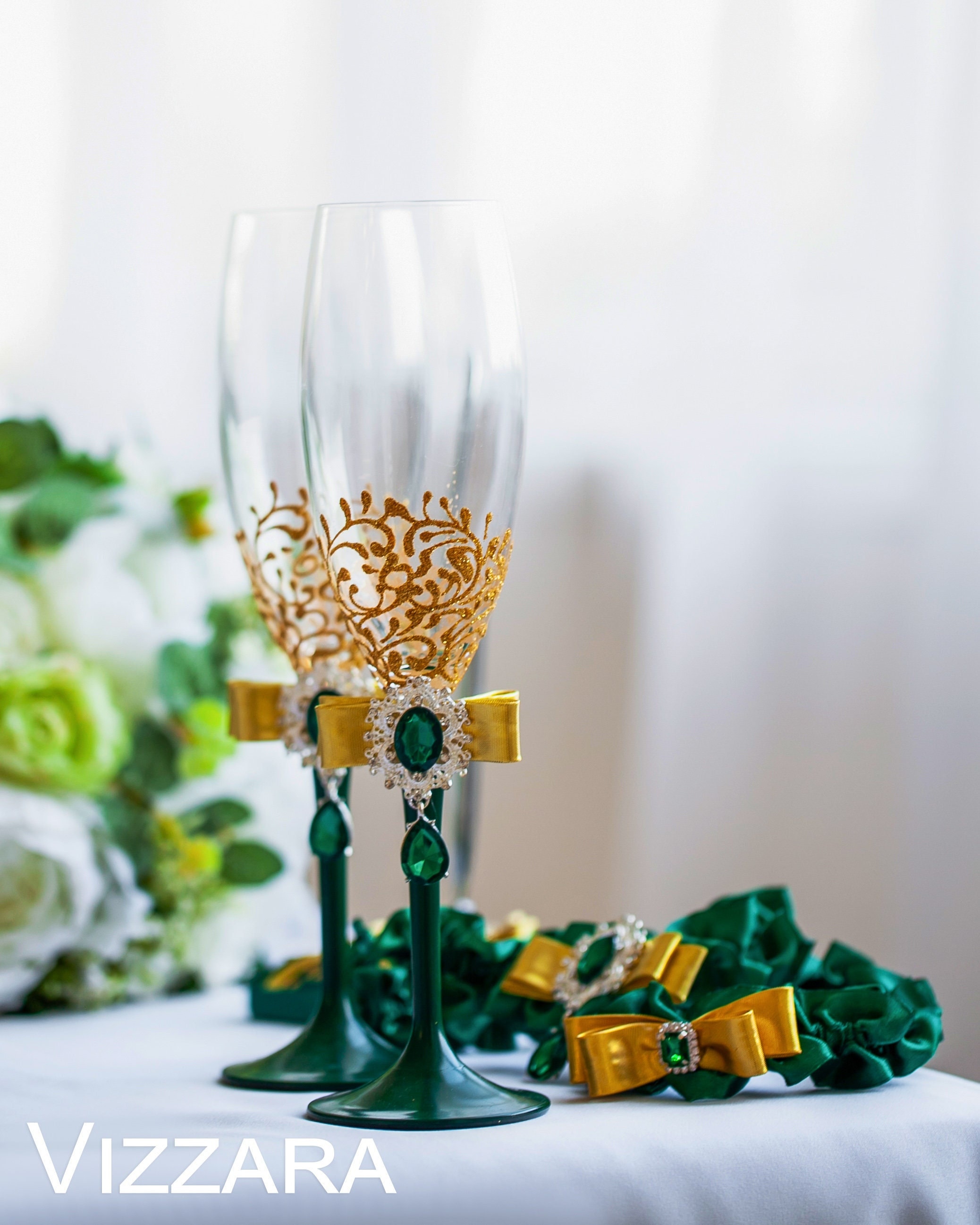 Sage Green and Gold Wedding Champagne Flutes Crystal and Pearl