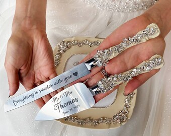 Cake server set Ivory wedding, Cake cutting set Ivory wedding, Personalized, Wedding server set Ivory and silver wedding,Anniversary present