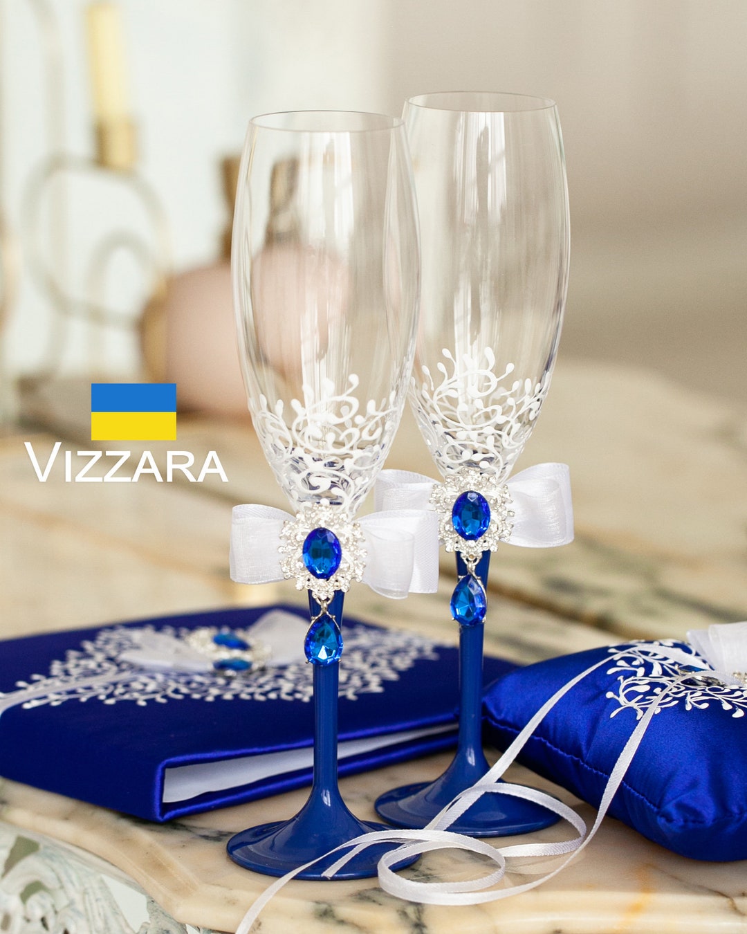 Navy Blue Wedding Glasses & Server Set Rustic Glasses Cake Cutter Set of 4  