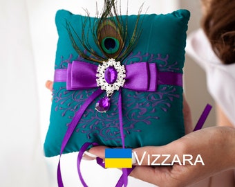 Pillow ring bearer Teal and purple Peacock weddings Personalized Ring bearer pillow Teal and purple Peacock wedding Ring pillow Teal wedding