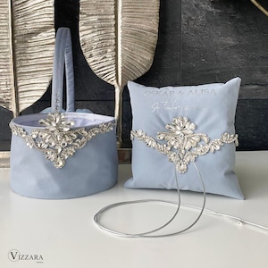 Ring bearer and flower girl basket Set Dusty blue wedding, Personalized, Ring pillow and flower basket Dusty blue wedding, 50th anniversary