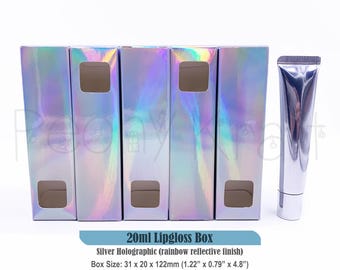 25–500 st. 20 ml trycktub med fönster, 31 x 20 x 122 mm, silverfärgad holografisk kosmetikaförpackning, GRATIS DDP-frakt