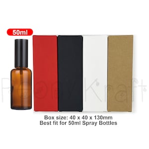 May include: An amber glass spray bottle with a black cap next to four rectangular boxes in red, black, white, and brown. The text 50ml is in a red box. Text below states: Box size: 40 x 40 x 130mm. Best fit for 50ml Spray Bottles.