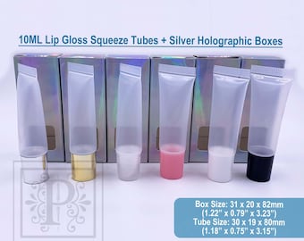 50 sets knijptube van 10 ml met zilveren holografische doos, lege lipglosstubes met venster, cosmetische set