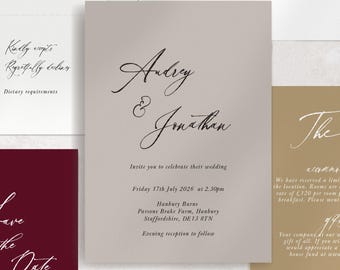 Calligraphy Wedding Invitation Suite, Neutral Invite, Audrey
