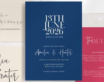 Blue and Pink Wedding Invitation Suite | Colourful Modern Script Invite Stationery