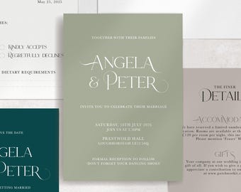 Sage Wedding Invitation Suite, Green and teal modern Invite Set | Angela