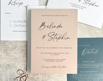 Modern Wedding Invitation, Script nude and blue wedding suite