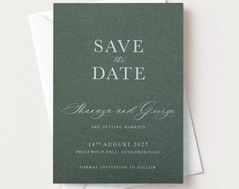 Olive Green Save the Date Cards with envelopes, Personalised Wedding Announcement, Modern Script Invite
